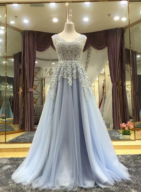 Light Blue V-neckline Long Prom Dress, Blue Junior Prom Dress
