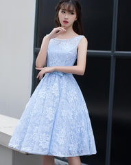 Light Blue Lace Knee Length Round Neckline Party Dress, Charming Blue Prom Dress