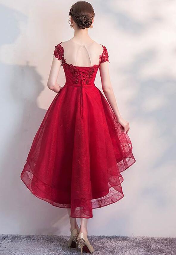 Beautiful Red Cap Sleeves High Waist Party Dress, Red Homecoming Dress