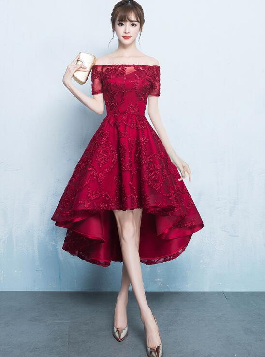 Purple Short In Front Long In Back Homecoming Dress Cute High Low Lace Homecoming Dress, Off The Shoulder Party Dress Cutedressy Purple Short In Front Long In Back Homecoming Dress Cute High Low Lace Homecoming Dress, Off The Shoulder Party Dress Cutedressy