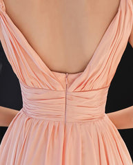 Pink V-neckline Chiffon Long Prom Dress, Junior Prom Dress