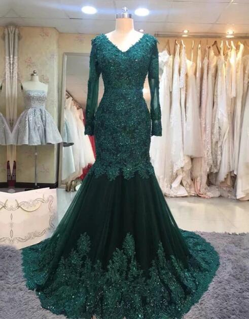 Dark Green Long Sleeves V-neck Lace Mermaid Formal Dresses, Elegant Pr Cutedressy Dark Green Long Sleeves V-neck Lace Mermaid Formal Dresses, Elegant Pr Cutedressy
