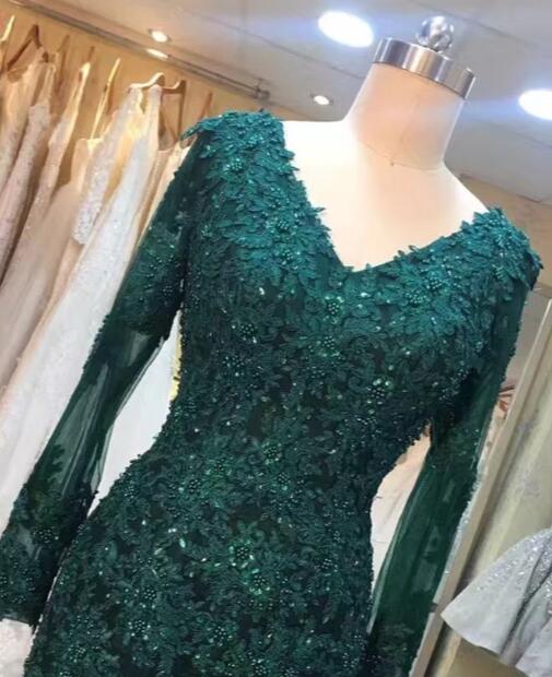 Dark Green Long Sleeves V-neck Lace Mermaid Formal Dresses, Elegant Prom Dress