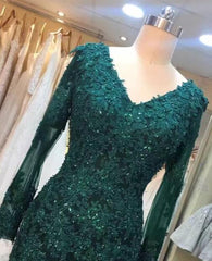 Dark Green Long Sleeves V-neck Lace Mermaid Formal Dresses, Elegant Prom Dress