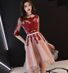 Beautiful 1/2 Sleeves High Low Red Lace Party Dress, Short Prom Dress