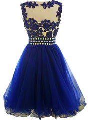 Cute Blue Knee Length Round Neckline Beade Party Dress, Blue Homecoming Dress