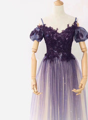 Charming Sweetheart Tulle Lace Applique Purple Party Dress, Long Evening Gown
