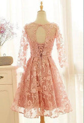 Pink Long Sleeves A-line Scoop Short/Mini Homecoming Dress, Lace Prom Dress