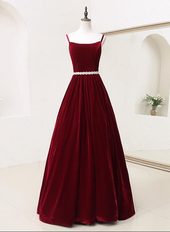Elegant Straps Velvet Long Formal Dress with Belt, Long Prom Dress