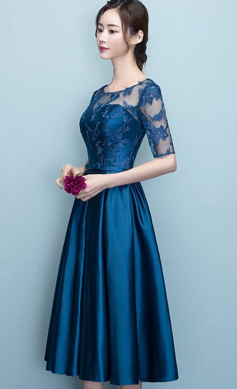 Blue Short Sleeves Tea Length Formal Dress, Blue Bridesmaid Dresses, W ...