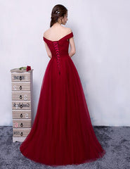 Dark Red Tulle A-line Long Prom Dress, Beautiful Prom Dress
