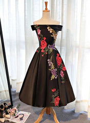 Beautiful Satin Black Tea Length Party Dress, Floral Black Formal Dress