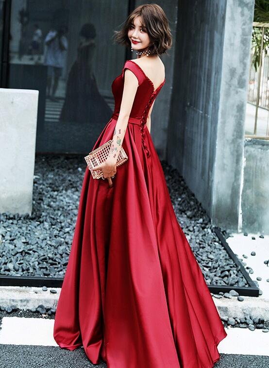 red party dress long Red Sweetheart Satin Sequins Prom Dress, Red Long Sleeve Evening Party