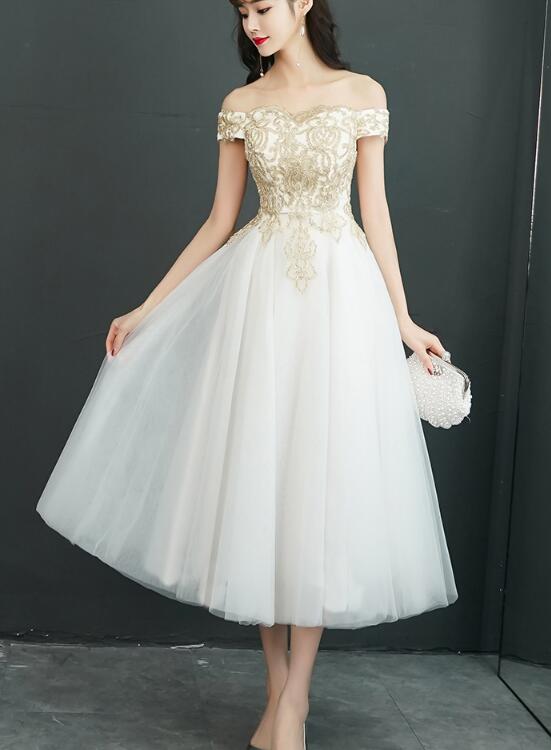 Beautiful White Tea Length Off Shoulder Party Dress, Wedding Party Dress