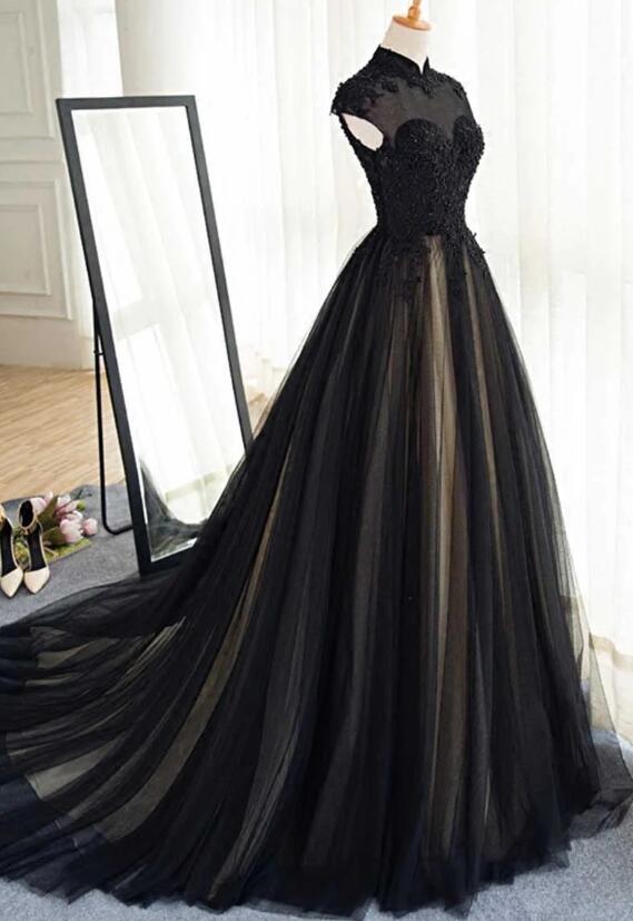 Beautiful Black Prom Dresses High Neck Sweep Train Prom Dress, Black Party Dress