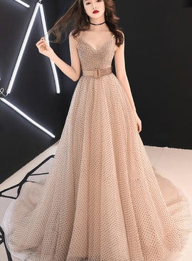 Champagne Tulle Straps Long Prom Gown, Beautiful Lace-up Party Dress