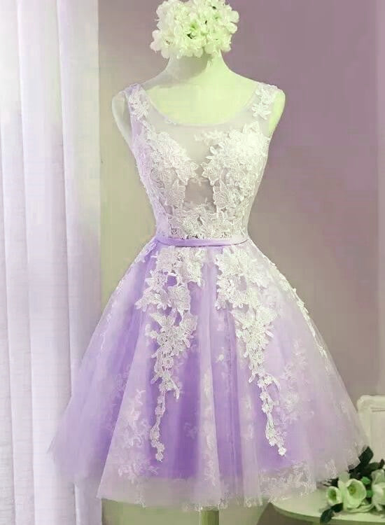 Cute Lavender Tulle Lace Applique Homecoming Dress , Short Prom Dress