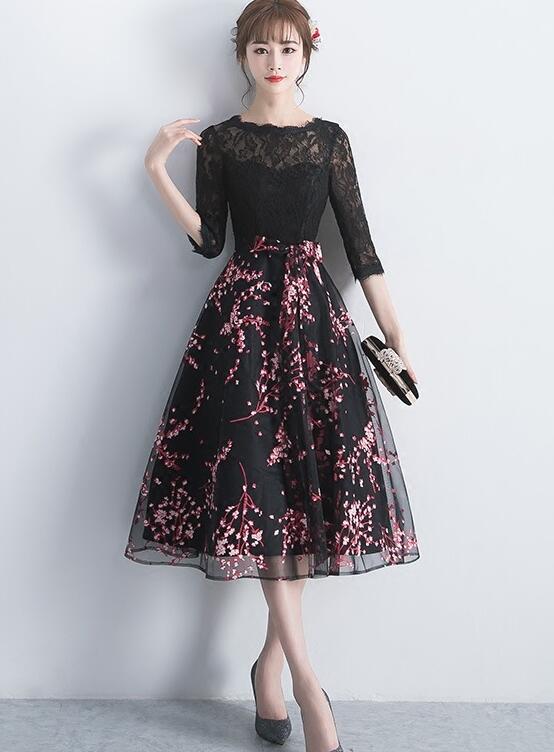 black lace and floral tulle party dress