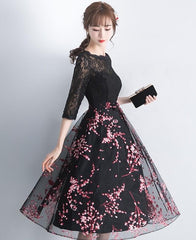 Black Lace Top with Floral Skirt Tea Length Party Dress, Cute Party Dress