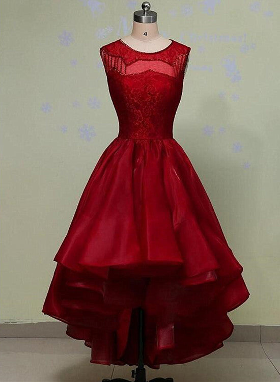wine red organza high low party dress