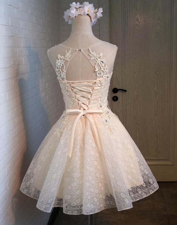 Lovely Champagne Cute Lace Beaded Party Dress, Cute Homecoming Dress