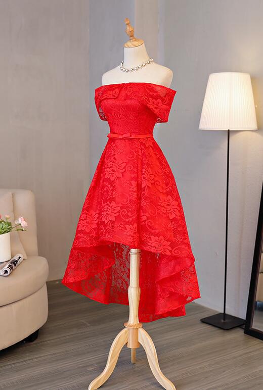 Beautiful Red Lace High Low Off Shoulder Wedding Party Dress, Red Homecoming Dress