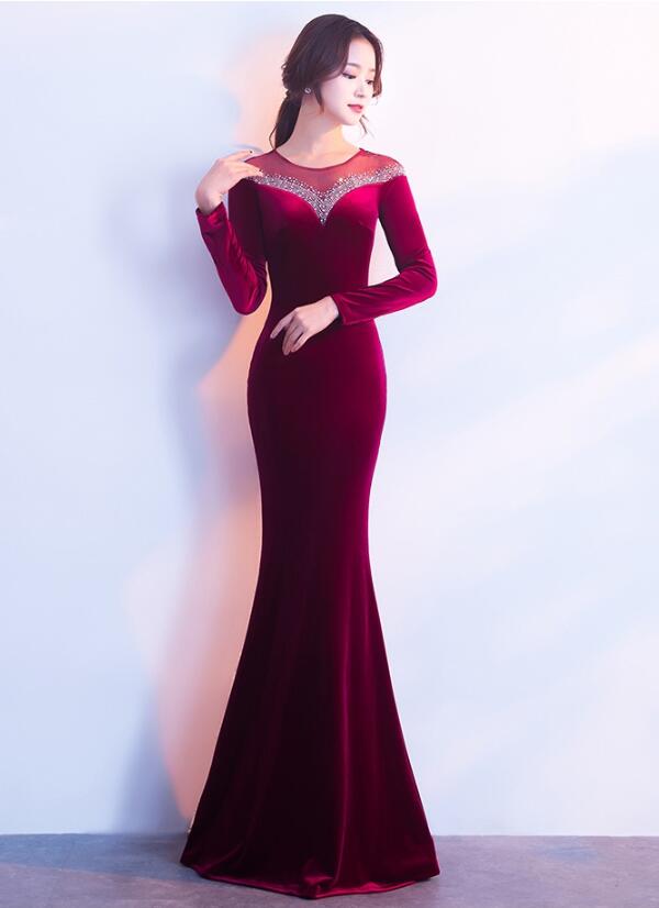 Elegant Long Sleeves Velvet Mermaid Long Party Dress, Charming Prom Dress