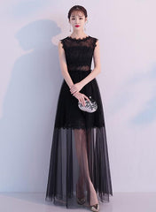 black tulle and lace long party dress