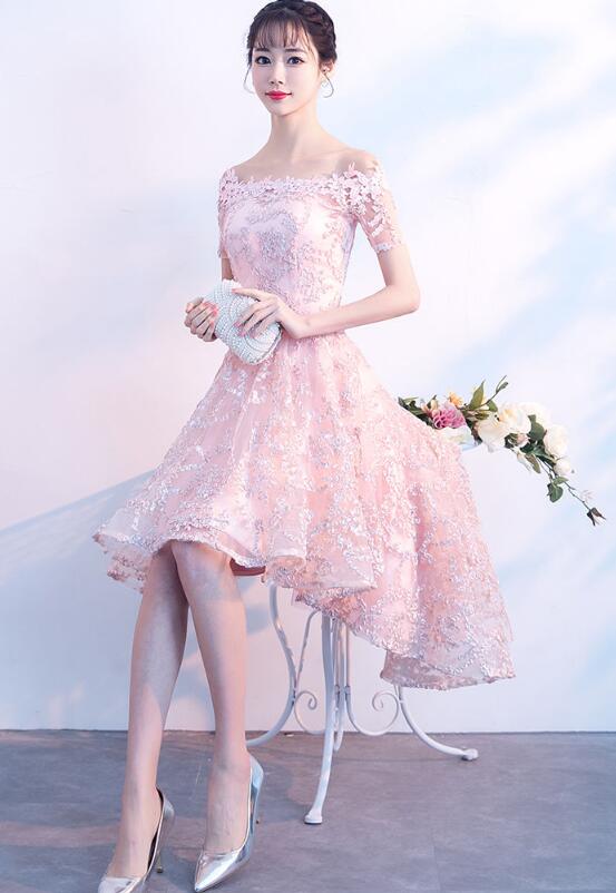 Beautiful Pink High Low Lace Cute Party Dress, Homecoming Dress