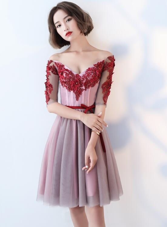 Elegant Pink Tulle V-neckline Party Dress , Pink Short Prom Dress