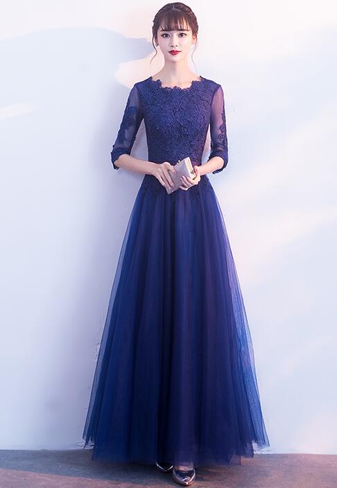 Charming Navy Blue Tulle Long Party Dress, A-line Bridesmaid Dress ...