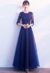 Charming Navy Blue Tulle Long Party Dress, A-line Bridesmaid Dress