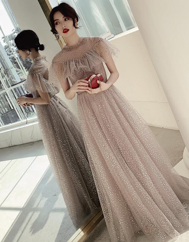 Charming Sequins Long Tulle Round Party Dress , A-line Tulle Prom Dress