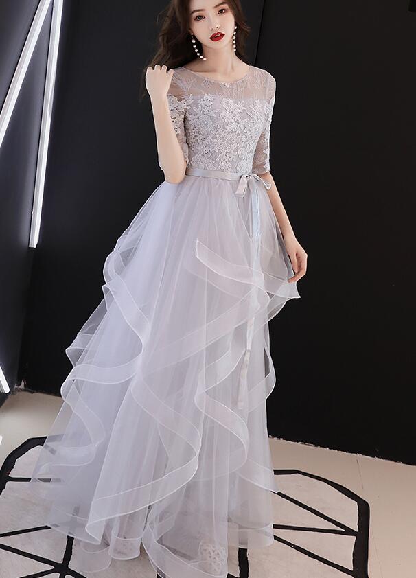 Lovely Grey Lace Round Neckline Party Dress, Tulle Prom Dress