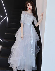 Lovely Grey Lace Round Neckline Party Dress, Tulle Prom Dress