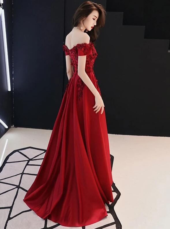 Lovely Off Shoulder Satin Wine Red Long Prom Dress, Charming Formal Gown