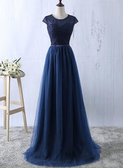 Charming Navy Blue Tulle and Lace Long Bridesmaid Dress, Long Party Dress