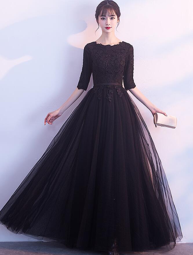 Charming Black Tulle Long Party Dress, Lace Applique Prom Dress