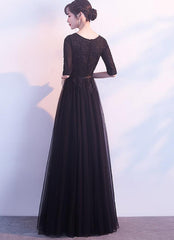 Charming Black Tulle Long Party Dress, Lace Applique Prom Dress