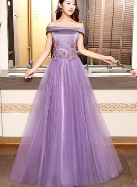 Elegant Purple Tulle with Satin Long Party Dress, Prom Dress
