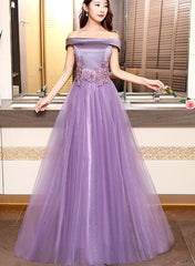 Elegant Purple Tulle with Satin Long Party Dress, Prom Dress