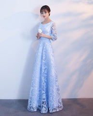 Light Blue 1/2 Sleeves Lace Long Prom Dress, Blue Party Dress