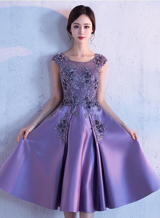 Cute Dark Purple Knee Length Satin Bridesmaid Dress, Lace Floral Party Cutedressy Cute Dark Purple Knee Length Satin Bridesmaid Dress, Lace Floral Party Cutedressy
