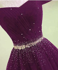 Beautiful Dark Purple Beaded Tulle Prom Gown, Off Shoulder Prom Dress