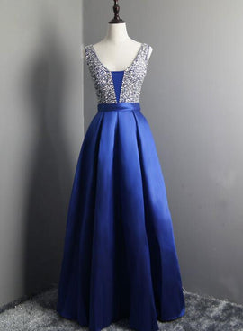 Beautiful Blue Satin Prom Dress V Neck Beaded Long Prom Dress, Party Dress