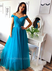 Blue Off Shoulder Tulle Handmade Prom Dress, A-line Party Dress