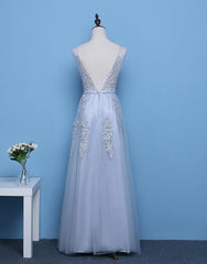 Cute A-line Grey Tulle Long Prom Dress, Lace Applique Party Dress