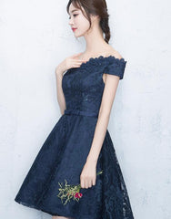 Lovely Blue Lace Short Party Dress, Lace Formal Dress