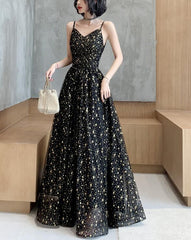 Fashionable Black Straps Tulle Long Prom Dress, A-line Party Gown