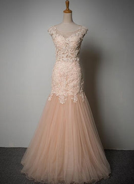 Pearl Pink Tulle Mermaid Gown with Lace Applique, Evening Gown
